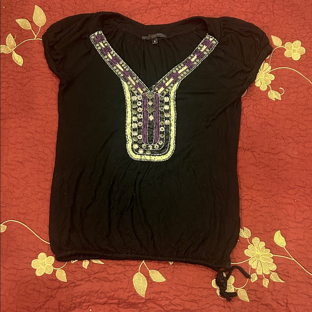 Elegant Black Blouse with Purple Accents
